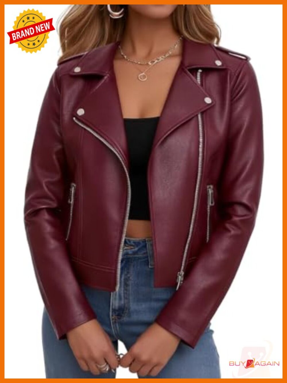Faux Leather Cropped Moto Jacket Women Zip Up Long Sleeve Biker Coat